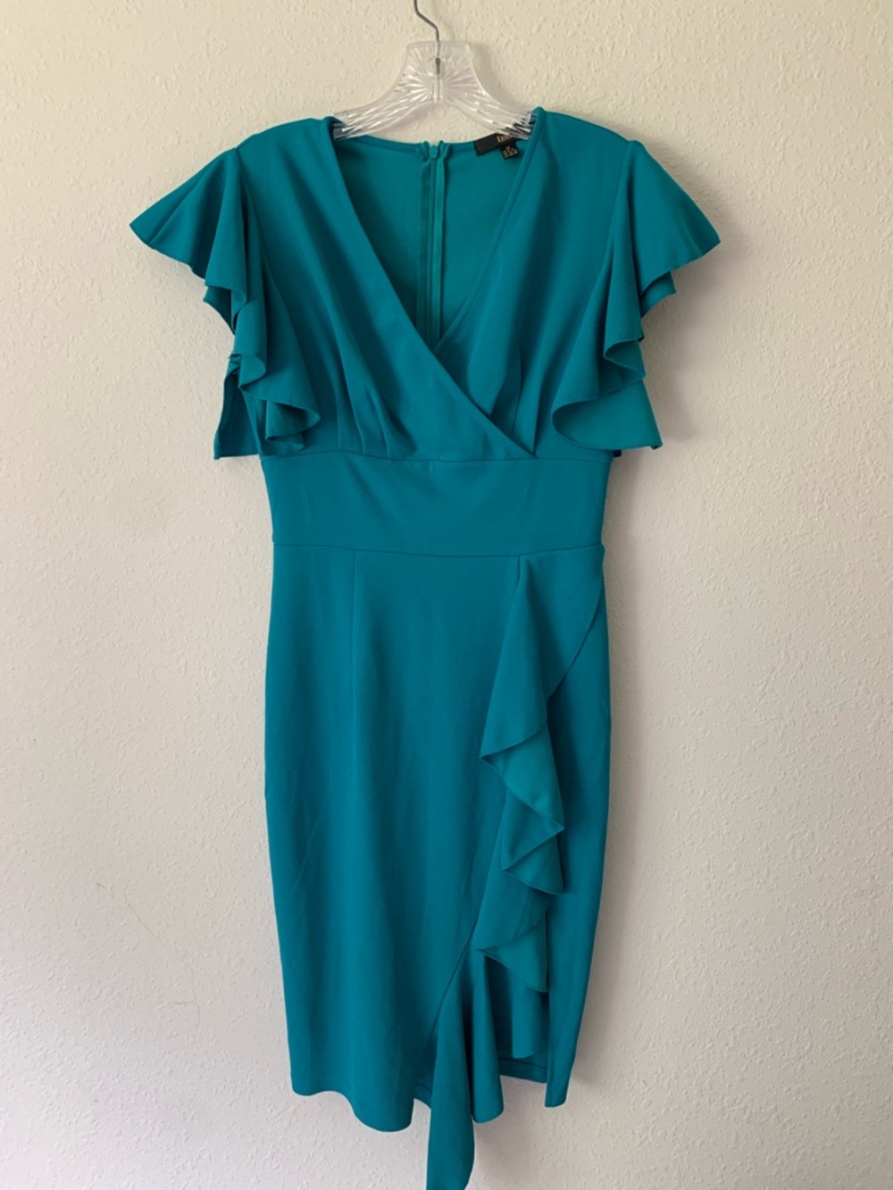 Knitee Women's Teal Ruffle Sheath Dress Size Medium Office Church Evening